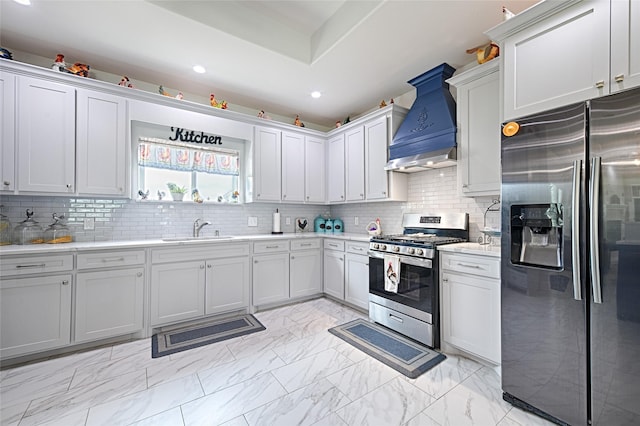 kitchen featuring tasteful backsplash, sink, stainless steel appliances, and custom range hood