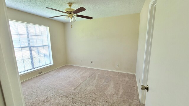 empty room with light colored carpet, a wealth of natural light, ceiling fan, and a textured ceiling