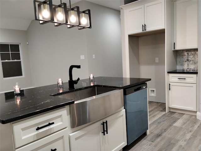 kitchen with white cabinetry, dishwasher, sink, and pendant lighting