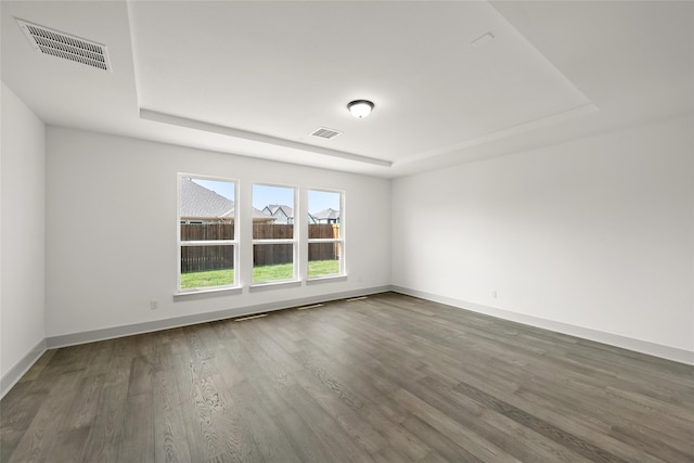 empty room with hardwood / wood-style floors and a raised ceiling