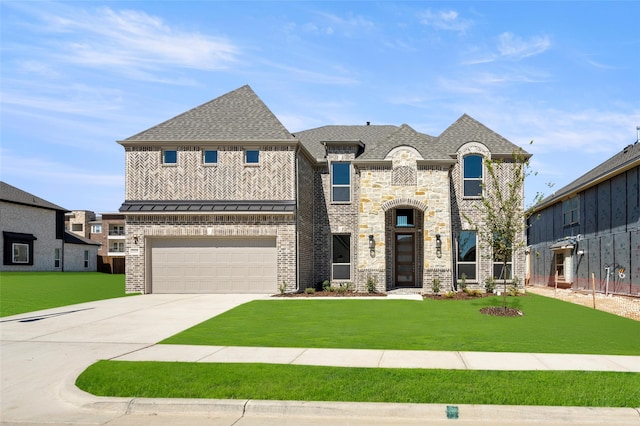 french country style house with a garage and a front yard