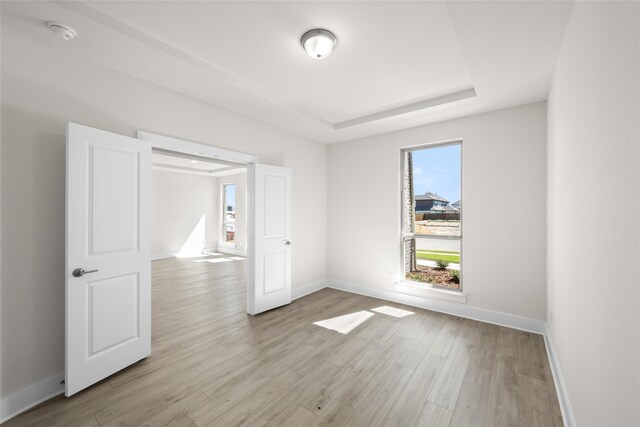 empty room with a raised ceiling and light wood-type flooring