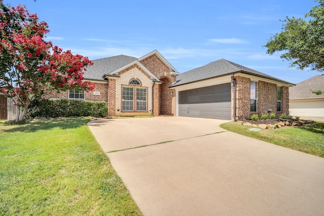 single story home with a front yard and a garage