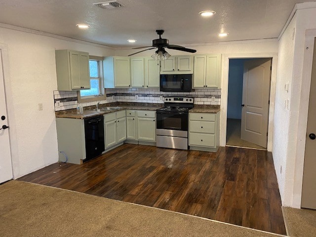 kitchen with dark hardwood / wood-style floors, ceiling fan, green cabinets, and black appliances