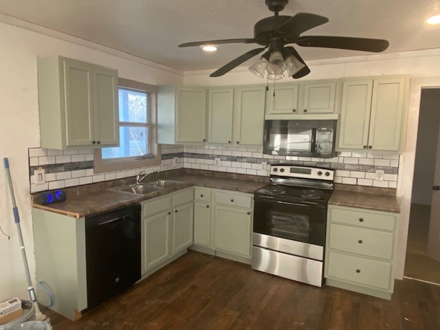 kitchen featuring dark hardwood / wood-style flooring, tasteful backsplash, ceiling fan, sink, and black appliances