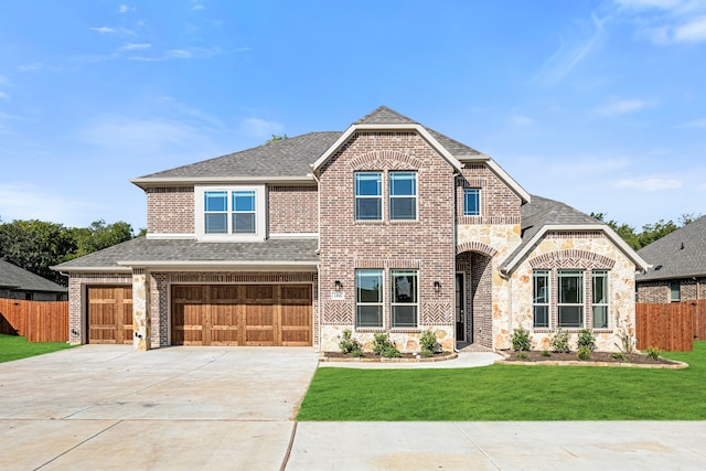 view of front of house with a front yard and a garage