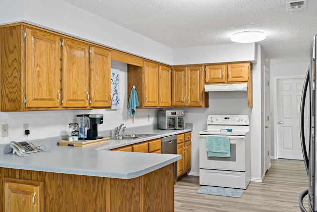 kitchen featuring sink, a textured ceiling, kitchen peninsula, white range with electric cooktop, and light hardwood / wood-style floors