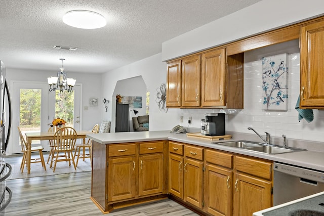 kitchen featuring sink, appliances with stainless steel finishes, backsplash, decorative light fixtures, and kitchen peninsula