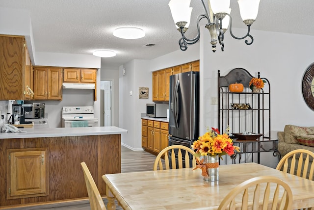 kitchen with an inviting chandelier, a textured ceiling, light hardwood / wood-style flooring, kitchen peninsula, and stainless steel appliances