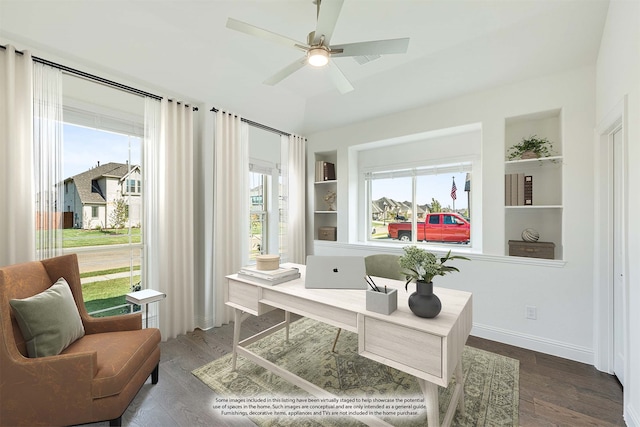 office featuring dark hardwood / wood-style floors, a healthy amount of sunlight, and built in features