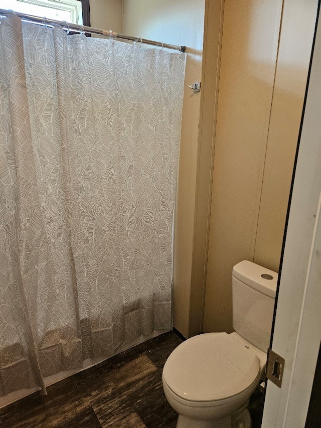 bathroom with toilet and hardwood / wood-style floors