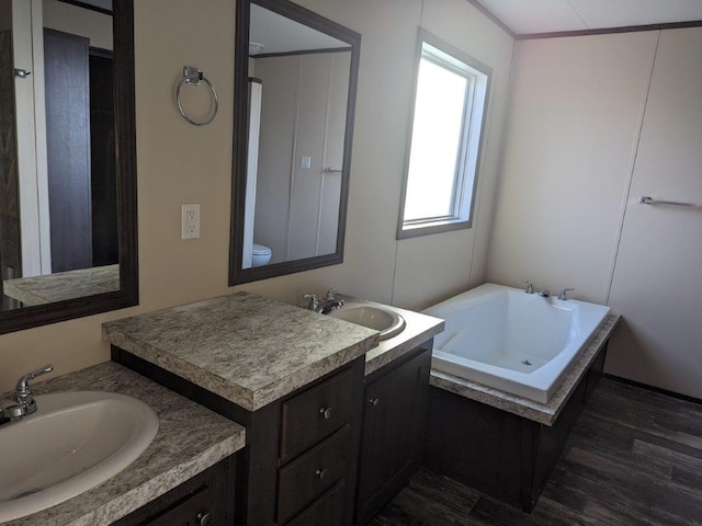 full bathroom with wood finished floors, two vanities, a bath, and a sink