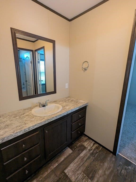 bathroom featuring wood finished floors, ornamental molding, and vanity