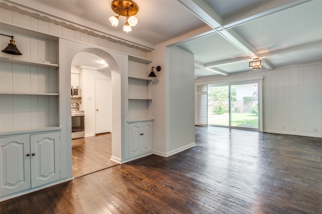 interior space with beam ceiling, built in features, crown molding, and coffered ceiling