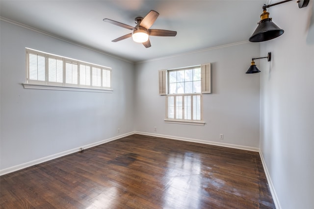 unfurnished room with dark wood-type flooring, ceiling fan, and ornamental molding