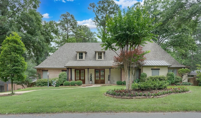 view of front of property with a front yard and french doors