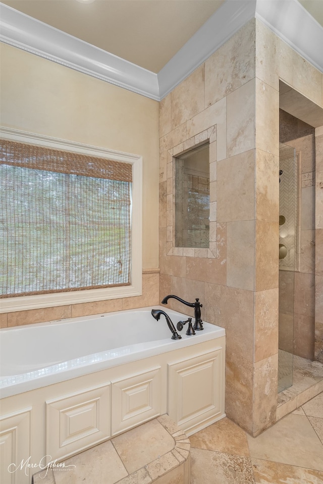 bathroom featuring crown molding, tile walls, and shower with separate bathtub