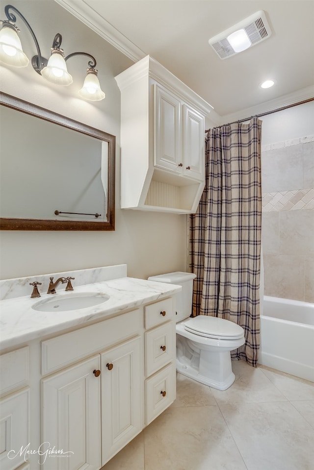 full bathroom featuring shower / bath combo, vanity, tile patterned floors, toilet, and ornamental molding