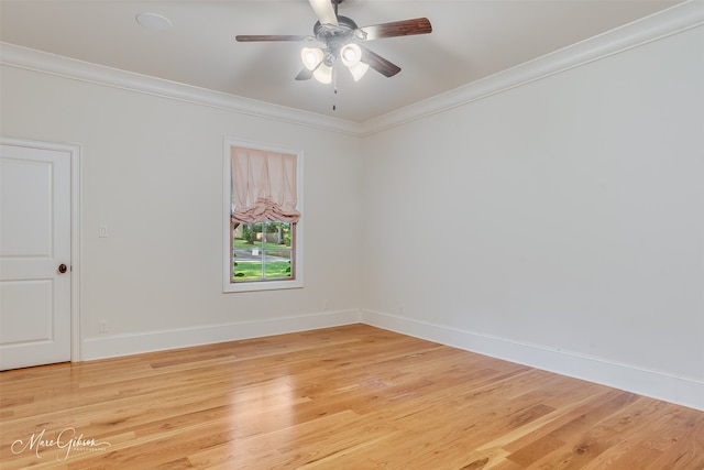 spare room featuring light wood-type flooring, ceiling fan, and ornamental molding