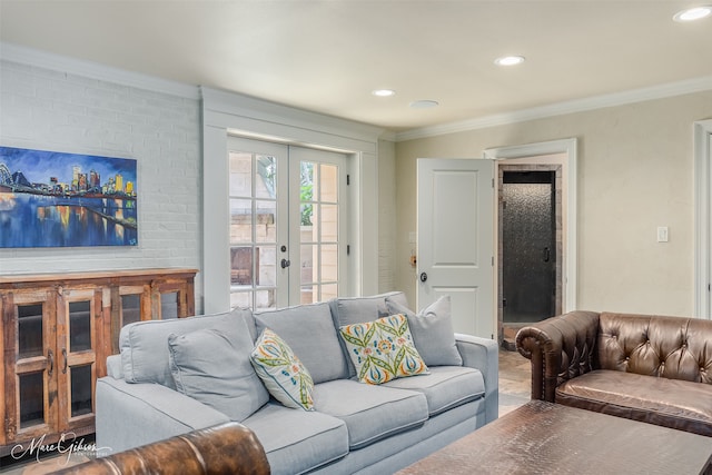 living room with french doors and ornamental molding