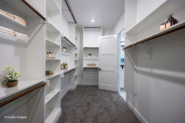 walk in closet with dark carpet