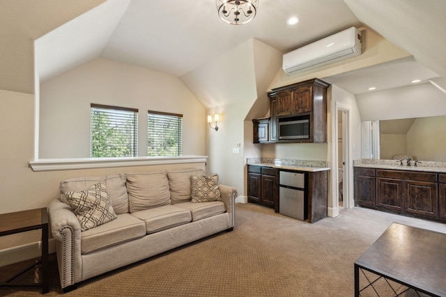 living room with lofted ceiling, sink, light carpet, and a wall unit AC