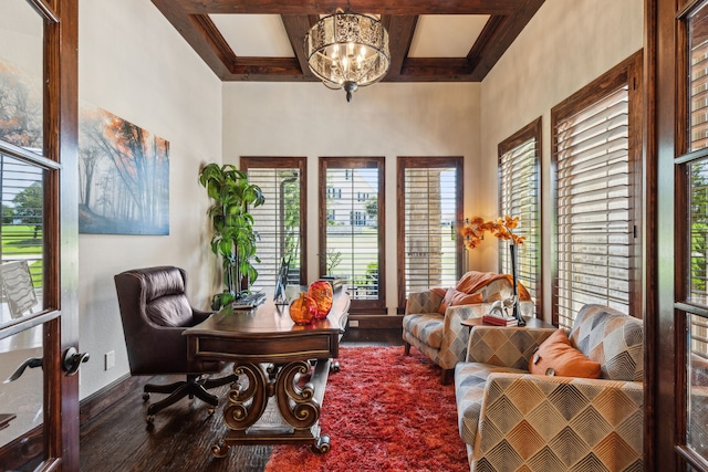 home office featuring dark wood-type flooring, beamed ceiling, a chandelier, and coffered ceiling