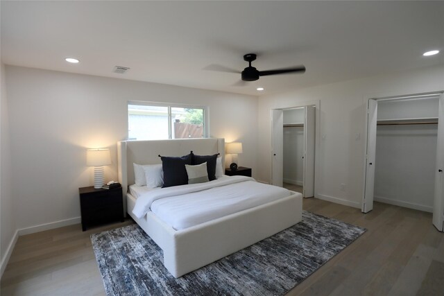 bedroom featuring wood-type flooring and ceiling fan