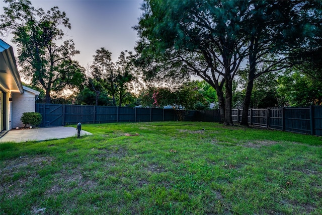 yard at dusk featuring a patio