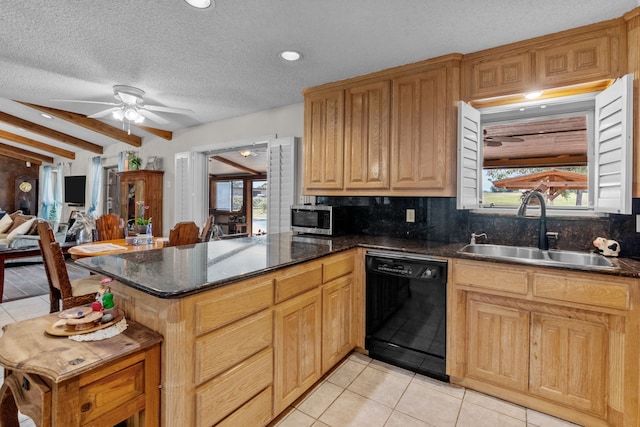 kitchen featuring light tile patterned flooring, ceiling fan, beamed ceiling, sink, and dishwasher