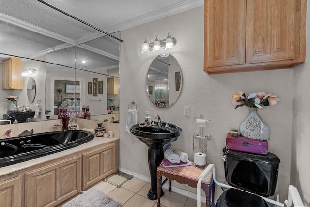 bathroom featuring ornamental molding, tile patterned floors, and a textured ceiling