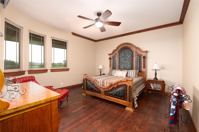 bedroom with crown molding, dark hardwood / wood-style floors, and ceiling fan