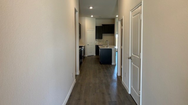 corridor featuring dark wood-type flooring and sink