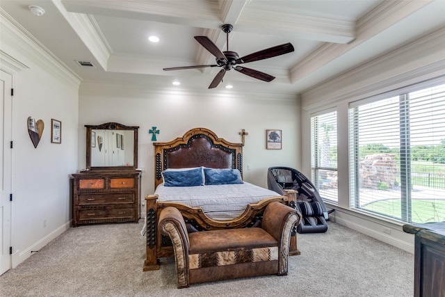 carpeted bedroom with ceiling fan, beamed ceiling, coffered ceiling, and ornamental molding