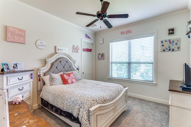 bedroom featuring ceiling fan, light colored carpet, and crown molding