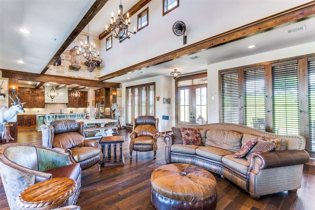 living room featuring dark hardwood / wood-style flooring, a high ceiling, and french doors