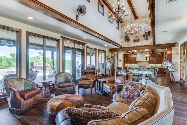 interior space featuring a high ceiling, french doors, beamed ceiling, a notable chandelier, and dark hardwood / wood-style flooring