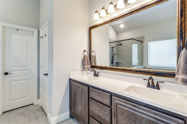 6220 Creekhaven Dr, Mesquite, TX 75181 - bathroom featuring a stall shower, double vanity, and tile patterned flooring
