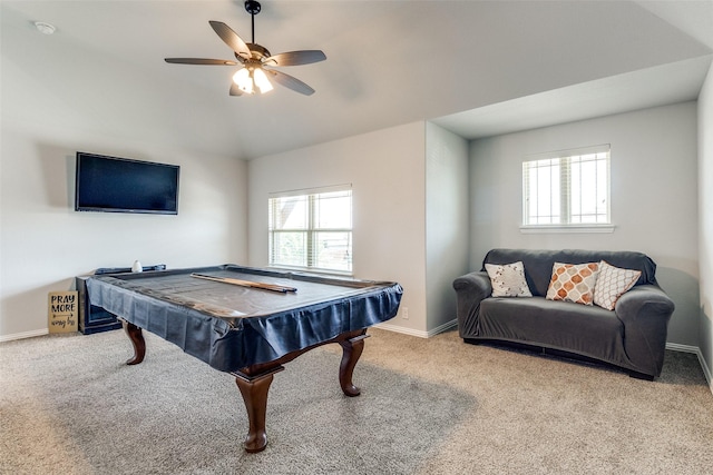 6220 Creekhaven Dr, Mesquite, TX 75181 - rec room featuring carpet, plenty of natural light, billiards table, ceiling fan, and vaulted ceiling