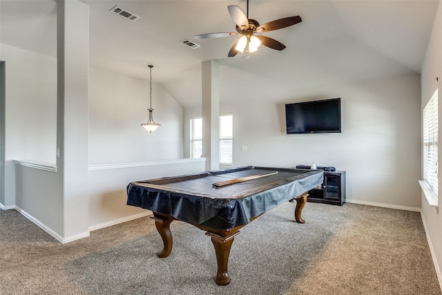 6220 Creekhaven Dr, Mesquite, TX 75181 - rec room featuring vaulted ceiling, carpet flooring, ceiling fan, and billiards table