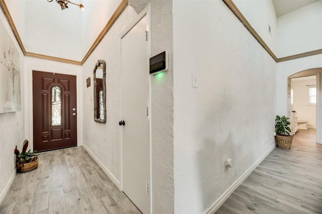 foyer entrance featuring crown molding, a towering ceiling, and light hardwood / wood-style flooring