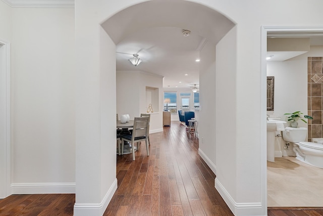 hallway with crown molding and wood-type flooring