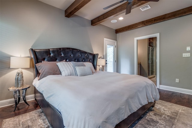 bedroom with beam ceiling, dark wood-type flooring, and ceiling fan