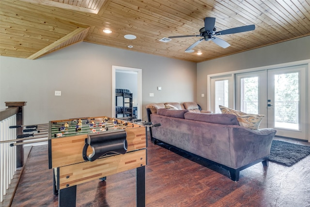 playroom with dark wood-type flooring, ceiling fan, and wooden ceiling