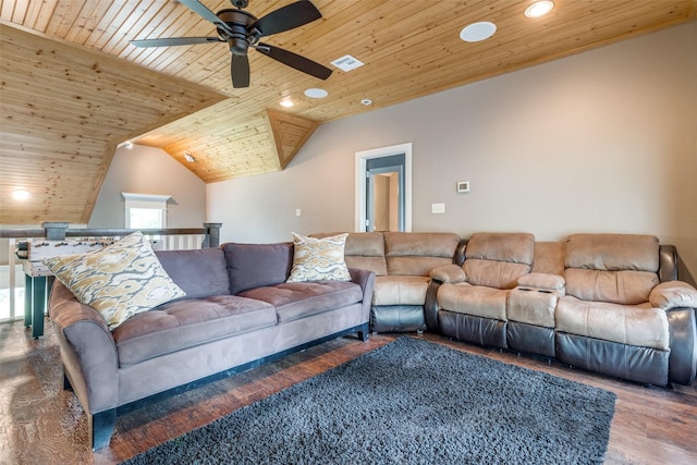 living room featuring ceiling fan, wood ceiling, vaulted ceiling, and hardwood / wood-style flooring