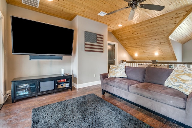 living room featuring ceiling fan, hardwood / wood-style floors, and wooden ceiling