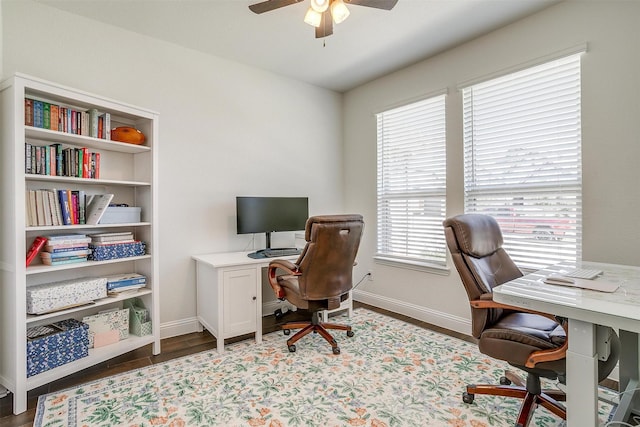 home office featuring dark wood-type flooring, a wealth of natural light, and ceiling fan