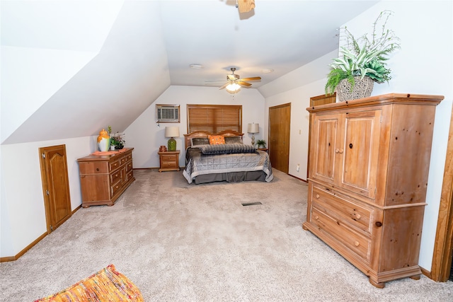 carpeted bedroom featuring vaulted ceiling and ceiling fan