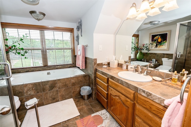 full bathroom featuring tile floors, plus walk in shower, oversized vanity, and toilet