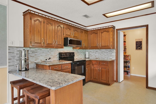 kitchen featuring crown molding, light stone countertops, a textured ceiling, black range with electric cooktop, and kitchen peninsula